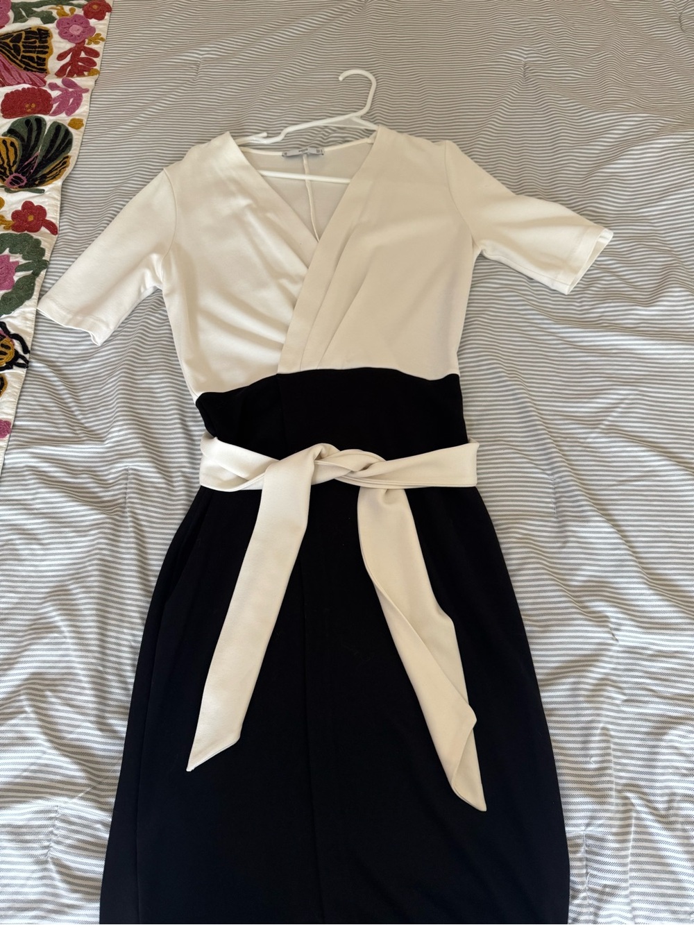 Mango Two-Tone Black and Cream Midi Wrap Dress